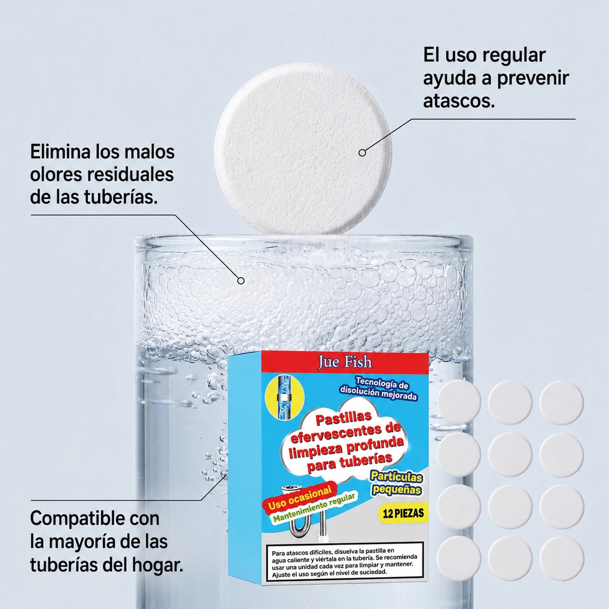 🥳 3 cajas💞 Potentes pastillas efervescentes para desatascar y limpiar tuberías. Eliminan grasa, cabello, malos olores y bacterias. Aptas para fregaderos, inodoros y desagües.