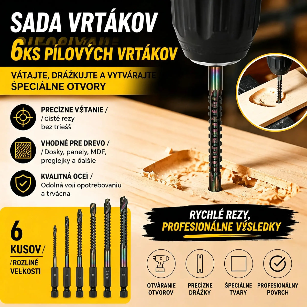 🛠️🔧 (6 kusov) Špirálové vrtáky z rýchloreznej ocele s titánovým povlakom 2 v 1 – šesťhranná stopka, vhodné na vŕtanie a drážkovanie dreva a kovu 🔩