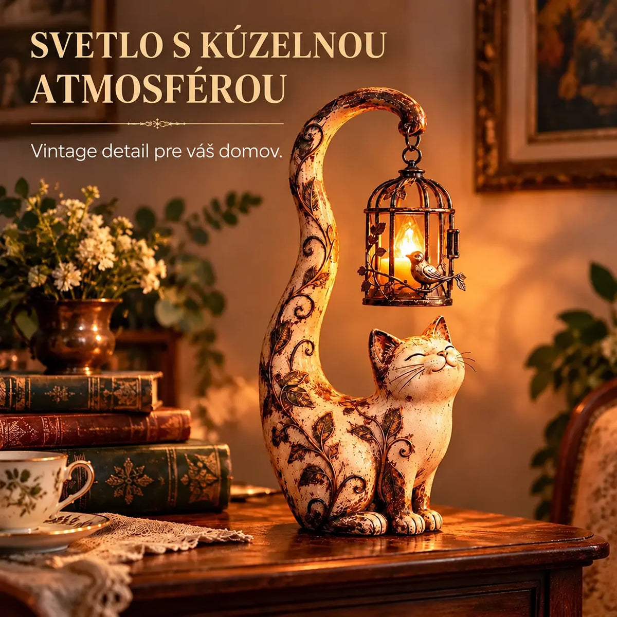 🐱💡【1 kus, výška 18,5 cm】Vintage nočné svetlo – mačka s vtáčou klietkou – kreatívna dekorácia pre útulný domov.