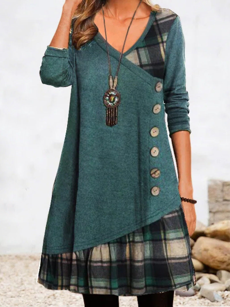 👗【S-3XL🔥】Vestido casual de manga larga para mujer con detalles en contraste ✅️Pago contra entrega disponible