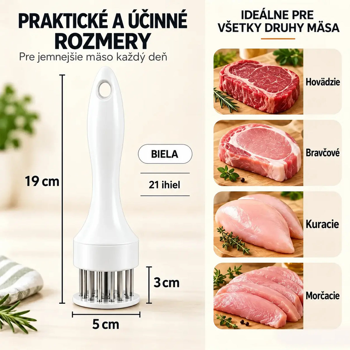 21-hranná ihla na zmäkčovanie mäsa z nehrdzavejúcej ocele na steaky, grilovanie a varenie.