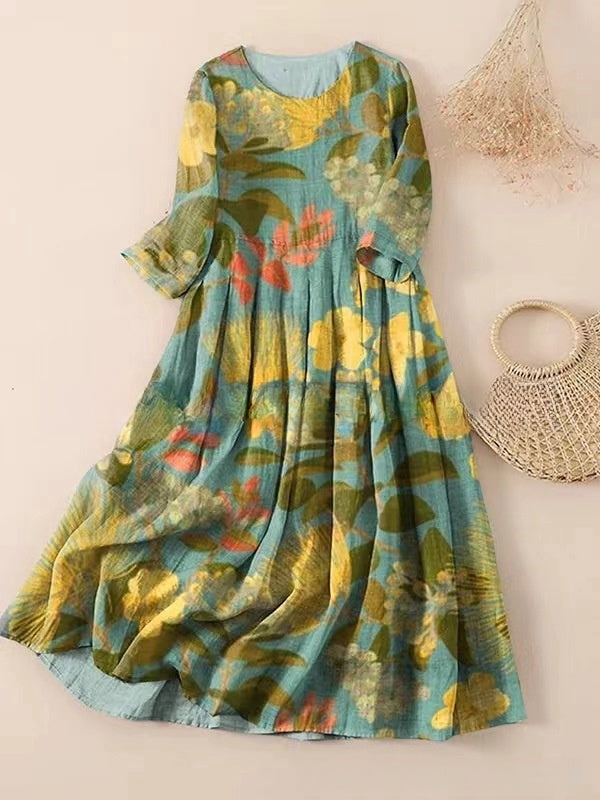 【S-3XL】🌼2024 nové kvetinové skladacie šaty s okrúhlym výstrihom💕