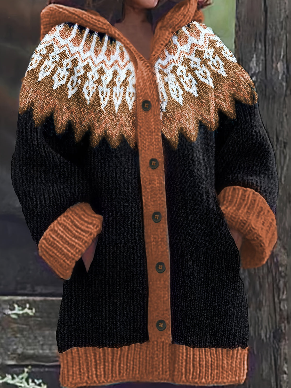 【S~5XL】✨Dámsky dlhý pletený kardigán s kapucňou – hrejivý severský dizajn s Fair Isle vzorom