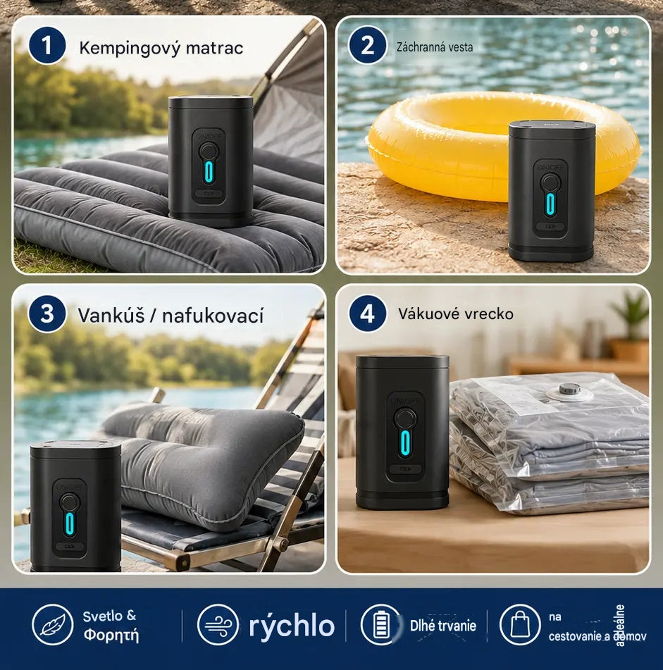 🏕️ Nabíjateľná vzduchová pumpa na kempovanie – LED svetlo, rýchle nafukovanie, kompaktná a prenosná