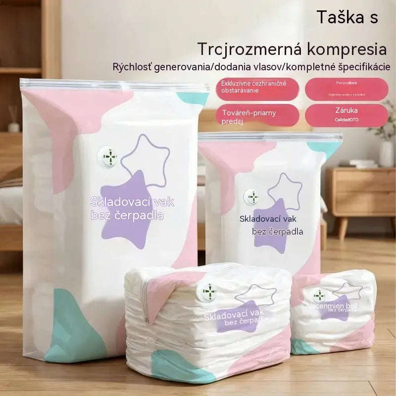 🧳【5-dielna sada】💨 Veľké, stlačiteľné vákuové úložné vrecko: nevyžaduje pumpičku, je nepriepustné a ideálne na úsporu miesta v kufri a doma ✈️