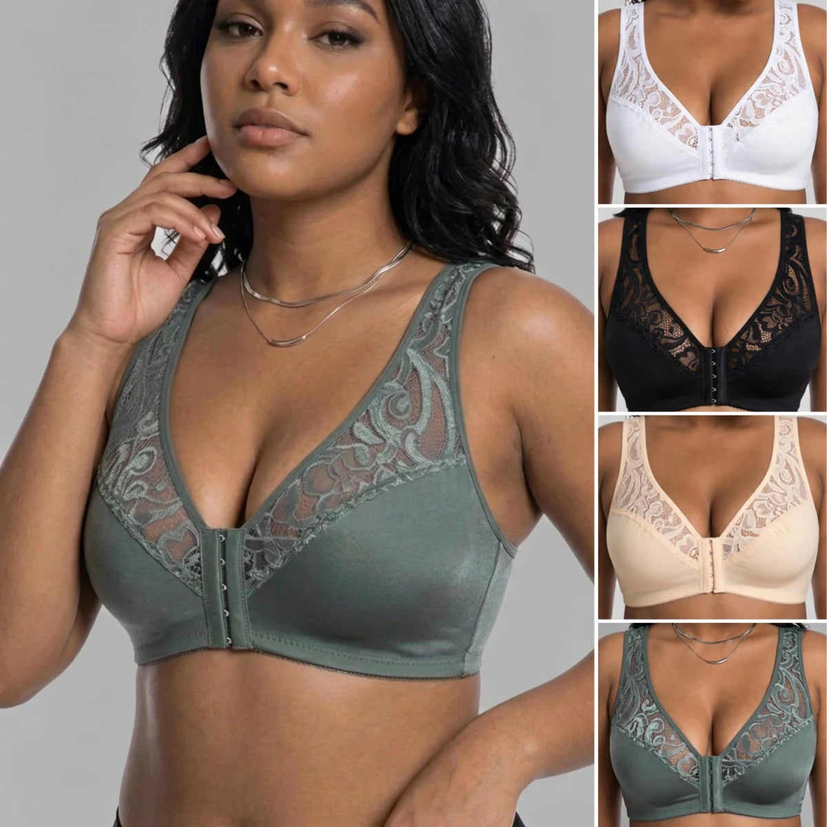 💖Najnižšia cena vôbec【3-dielna sada】【L-4XL】😍🩲Podprsenka s push-up strihom pre väčšie veľkosti, krásna čipka, push-up a vyklenutý dizajn, zapínanie vpredu