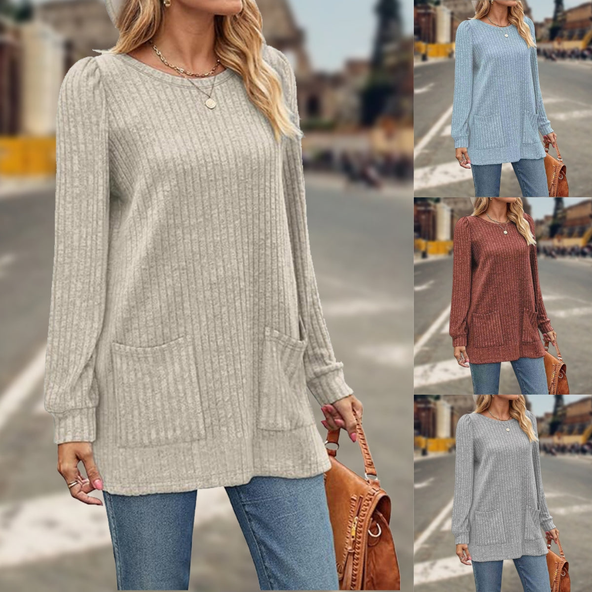 🌸💟【50% ОТСТЪПКА】🔥【M-5XL】Свободен и удобен дамски плетен пуловер, модни топли джобове, кръгло деколте в едноцветен дизайн, задължителен елемент за зимата, лесен за комбиниране.