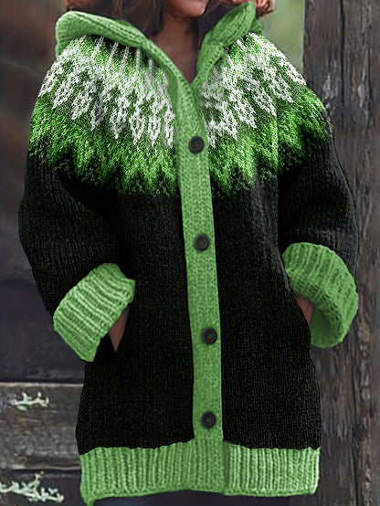 🎄【Vianočné špeciálne vydanie】🎁【S~5XL】✨ Elegantná retro potlačená farebná bunda s kapucňou – hrubá pletená tkanina, teplá a pohodlná pre zimné dni