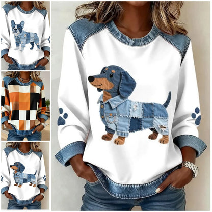 🔥【S-5XL】💥Dámska pohodlná mikina s denimbovými detailmi, módna potlač, voľný a univerzálny strih