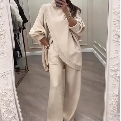 🔥【S-5XL】 Zľava 49%❗❗ Novinka! Dámsky dvojdielny set - asymetrický sveter + nohavice so širokými nohavicami, voľný strih, mäkká tkanina, super pohodlné👚✨