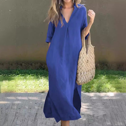 🌿💃【50 % zľava 🔥】【S–3XL】Letné ľanové maxi šaty s výstrihom do V a rozparkami – pohodlné a ľahké na leto