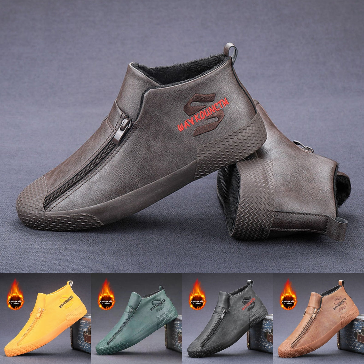 👞【39-44】Męskie ocieplane botki skórzane z zamkiem błyskawicznym – Wygodne, ciepłe i modne obuwie na zimę, idealne do codziennego użytku i na chłodniejsze dni!