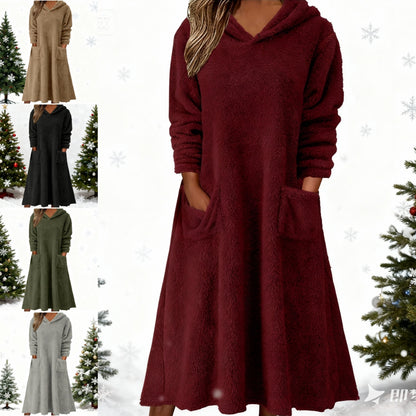 💥【50% popust】【S-3XL】👗 Nové dámske flísové šaty s kapucňou a dlhým rukávom – Pohodlné na domácu pohodu, ideálne na rok 2025