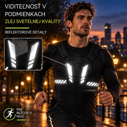 🏃 Bežecká a športová vesta s vreckom na hrudi · Vrecko na telefón so zipsom · Zadný držiak na fľašu s vodou · Reflexné prvky pre viditeľnosť v noci · Priedušná sieťovina a nastaviteľné popruhy!