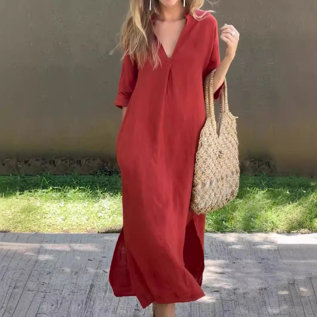 🌿💃【50 % zľava 🔥】【S–3XL】Letné ľanové maxi šaty s výstrihom do V a rozparkami – pohodlné a ľahké na leto