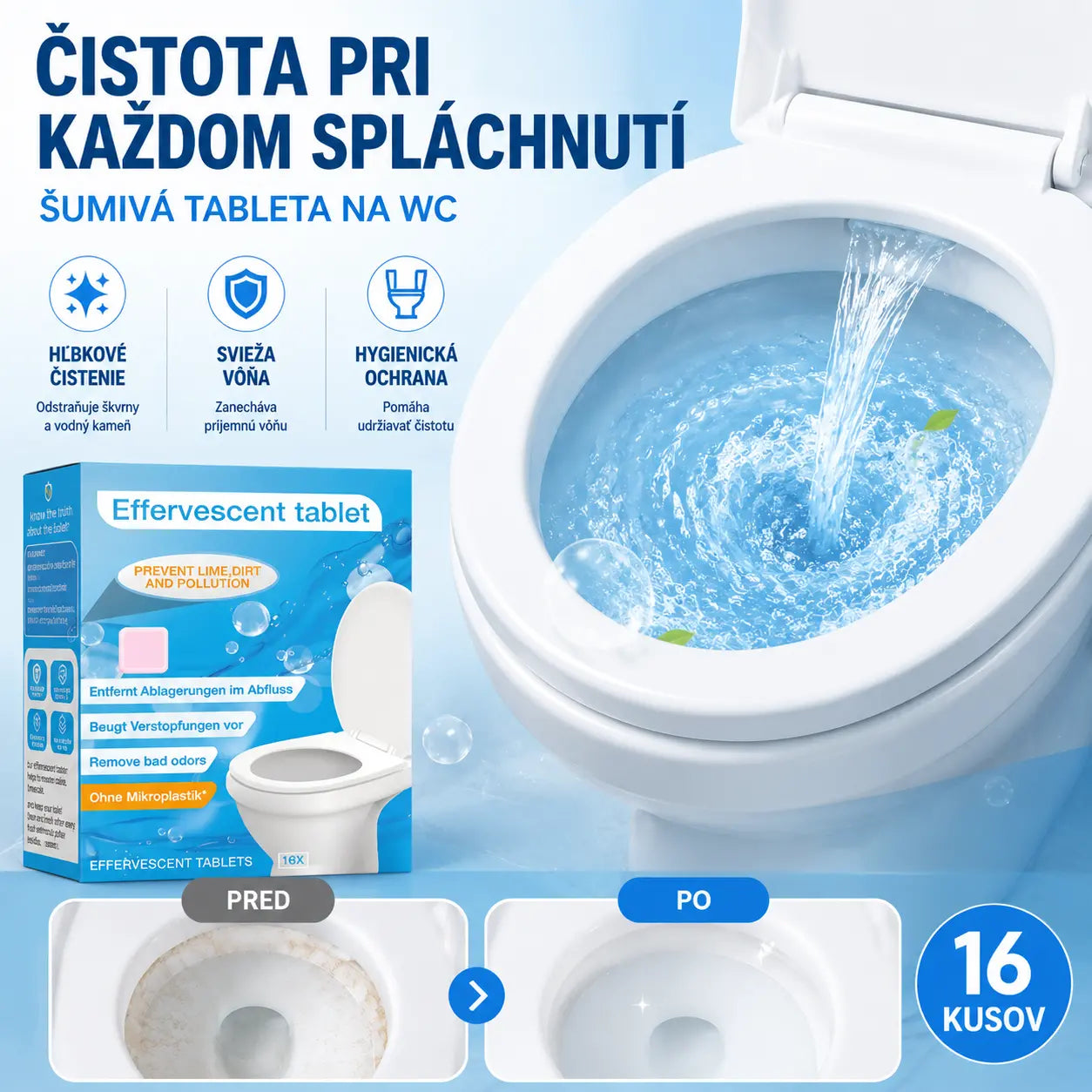 【3 balenia】Výkonné šumivé tablety do toalety, účinne čistia a odstraňujú zápach