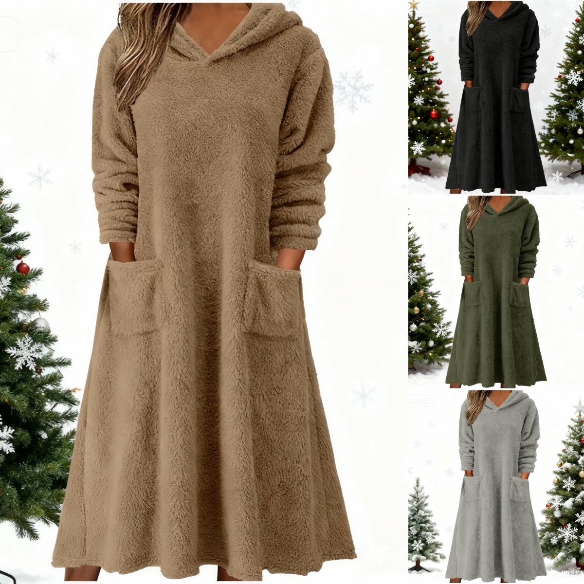 💥【50% popust】【S-3XL】👗 Nové dámske flísové šaty s kapucňou a dlhým rukávom – Pohodlné na domácu pohodu, ideálne na rok 2025