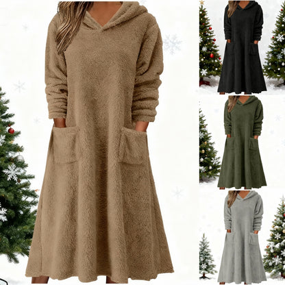 💥【50% popust】【S-3XL】👗 Nové dámske flísové šaty s kapucňou a dlhým rukávom – Pohodlné na domácu pohodu, ideálne na rok 2025