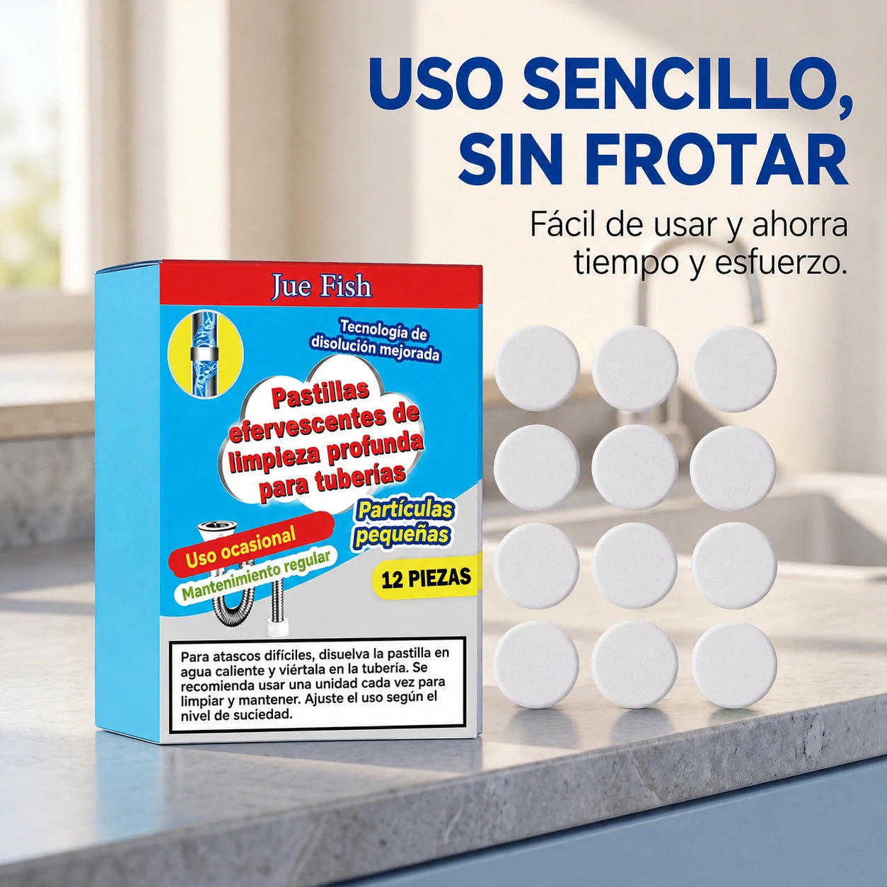 🥳 3 cajas💞 Potentes pastillas efervescentes para desatascar y limpiar tuberías. Eliminan grasa, cabello, malos olores y bacterias. Aptas para fregaderos, inodoros y desagües.