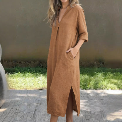 💖【50% popusta 🔥】【S–3XL】Duga haljina od lana s V-izrezom i prorezima, udobna i lagana za ljeto