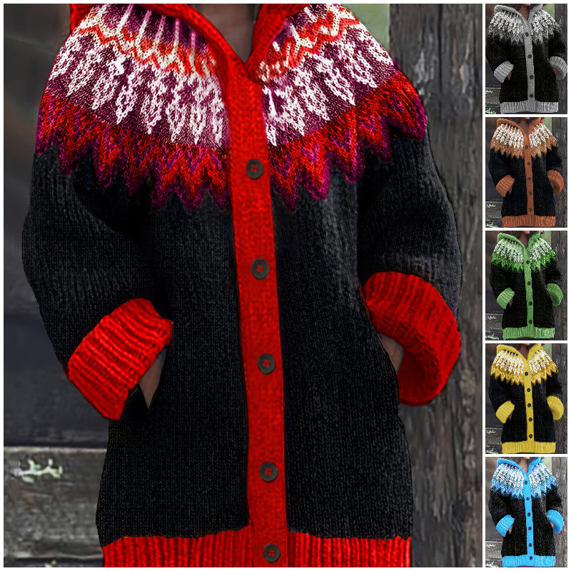 🎄【Vianočné špeciálne vydanie】🎁【S~5XL】✨ Elegantná retro potlačená farebná bunda s kapucňou – hrubá pletená tkanina, teplá a pohodlná pre zimné dni
