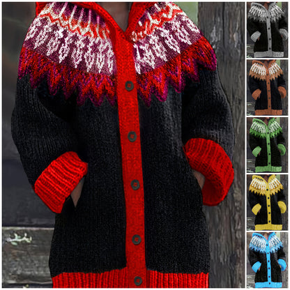 🎄【Vianočné špeciálne vydanie】🎁【S~5XL】✨ Elegantná retro potlačená farebná bunda s kapucňou – hrubá pletená tkanina, teplá a pohodlná pre zimné dni