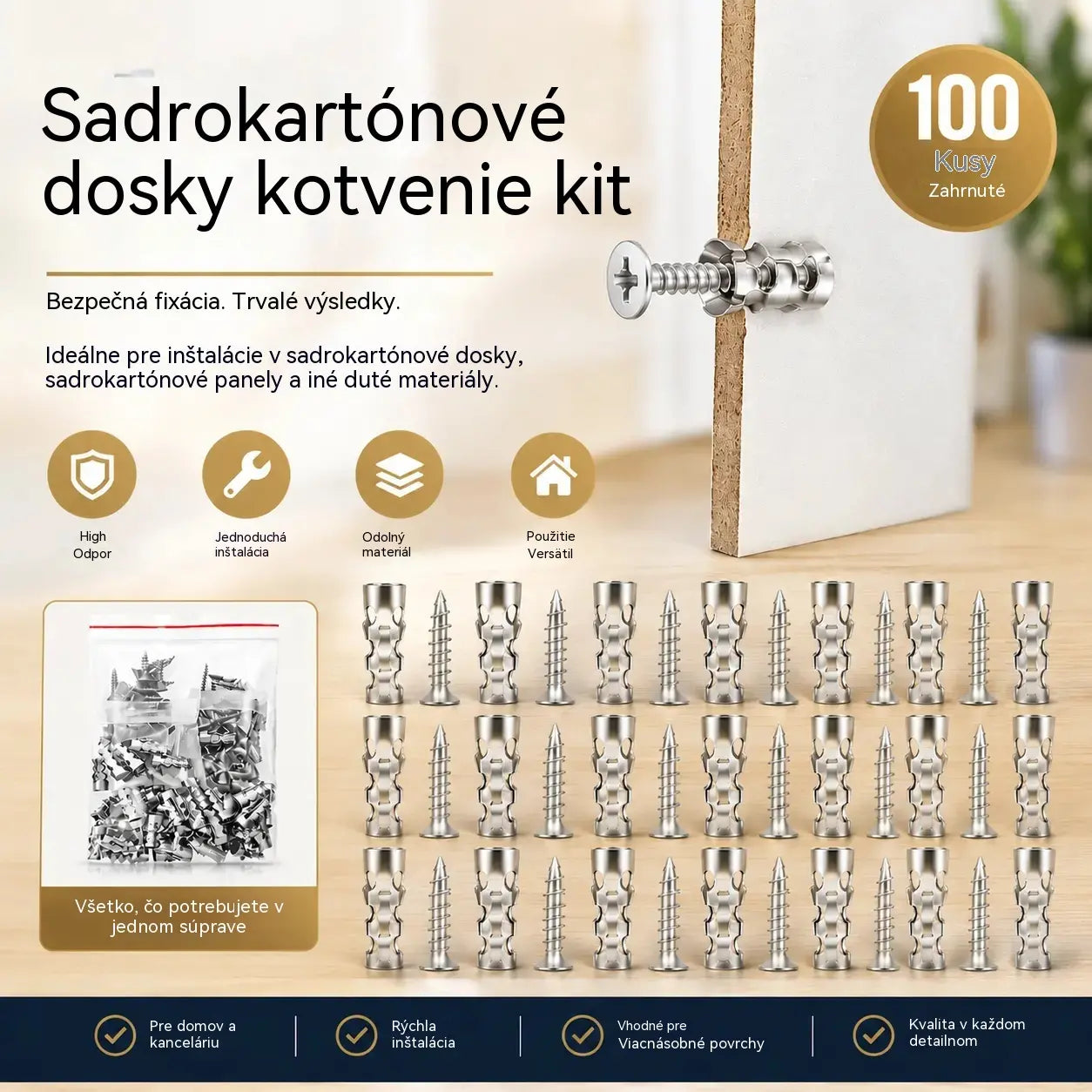 🛠️【100 párov】🔩 Sada samovrtných kotiev pre sadrokartónové dosky so skrutkami 🧱 – Príslušenstvo na montáž na stenu, ktoré sa ľahko inštaluje