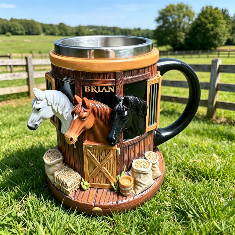 🐎🥃3D hrnček na kávu s motívom farmy a konskej stajne, hrnček z nehrdzavejúcej ocele s trojrozmerným reliéfom, ideálny darček pre milovníkov koní.