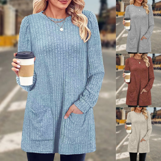 🌸💟【50% zľava】🔥【M-5XL】Pohodlný a voľný dámsky pletený sveter, módne teplé vrecká, okrúhly výstrih v jednofarebnom dizajne, nevyhnutný kúsok do zimy, ľahko kombinovateľný.