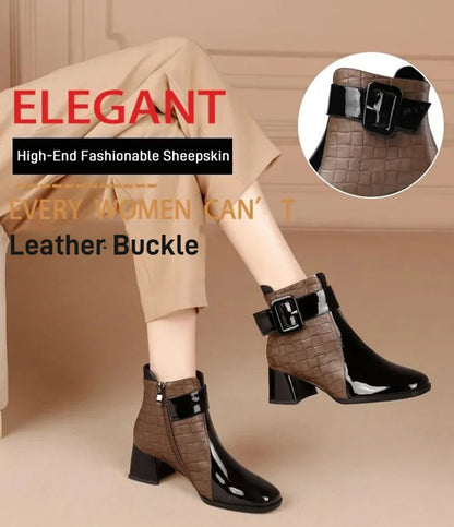 🔥【35-40】Elegantne ženske kratke čizme s kvadratnim uzorkom i sjajnim lakom – udobne, stabilne i savršene za jesen i zimu