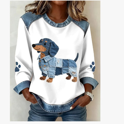 🔥【S-5XL】💥Dámska pohodlná mikina s denimbovými detailmi, módna potlač, voľný a univerzálny strih