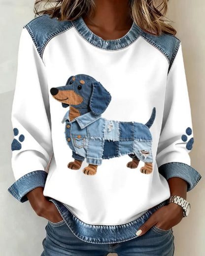 🔥【S-5XL】💥Dámska pohodlná mikina s denimbovými detailmi, módna potlač, voľný a univerzálny strih