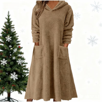 💥【50% popust】【S-3XL】👗 Nové dámske flísové šaty s kapucňou a dlhým rukávom – Pohodlné na domácu pohodu, ideálne na rok 2025