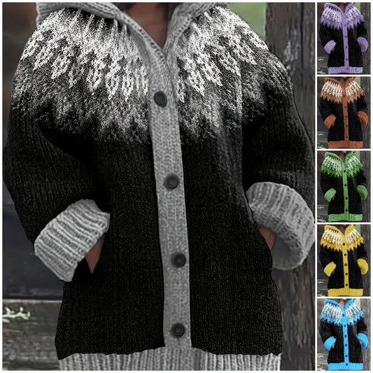 【S~5XL】✨Dámsky dlhý pletený kardigán s kapucňou – hrejivý severský dizajn s Fair Isle vzorom