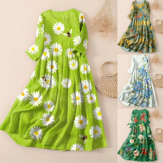 【S-3XL】🌼2025 noua rochie plisata cu imprimeu floral cu gat rotund🌸 