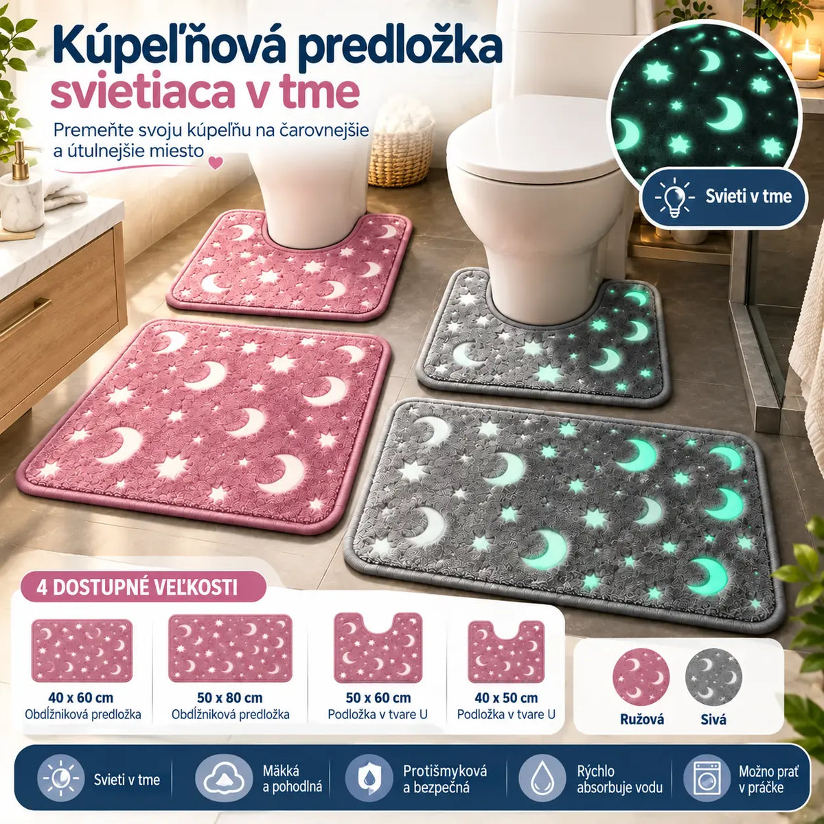 🌙【1 ks】Kúpeľňová predložka svietiaca v tme s motívom mesiaca a hviezd – protišmyková podložka do kúpeľne