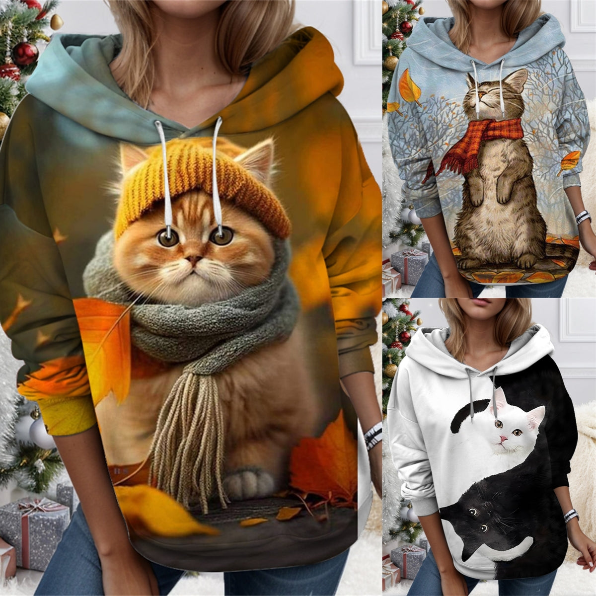 🎃🎄【Коледен лимитиран модел】【S-3XL】🐱 Дамски суичър с 3D отпечатан мотив на котка и животно – Луксозен, мек и топъл, идеален за зимата