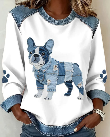 🔥【S-5XL】💥Dámska pohodlná mikina s denimbovými detailmi, módna potlač, voľný a univerzálny strih