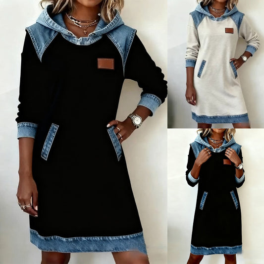 🌷✨👗Őszi-téli újdonság 50% kedvezménnyel🌞❄️ Új patchwork kapucnis farmer ruha ❄️ – bő, kényelmes és könnyen kombinálható