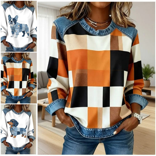 🔥【S-5XL】💥Dámska pohodlná mikina s denimbovými detailmi, módna potlač, voľný a univerzálny strih