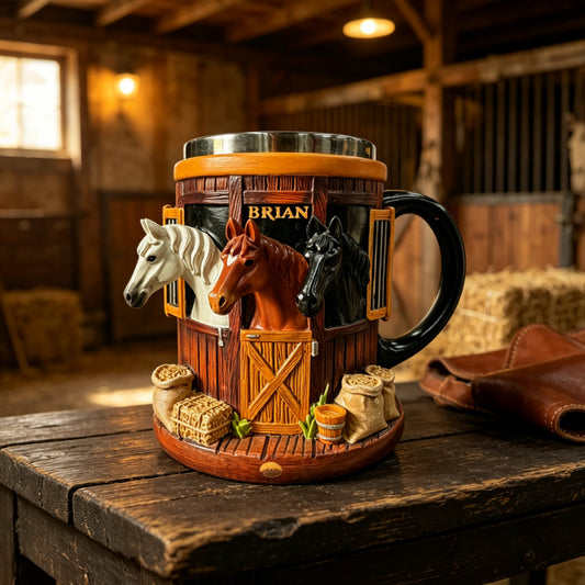 🐎🥃3D hrnček na kávu s motívom farmy a konskej stajne, hrnček z nehrdzavejúcej ocele s trojrozmerným reliéfom, ideálny darček pre milovníkov koní.