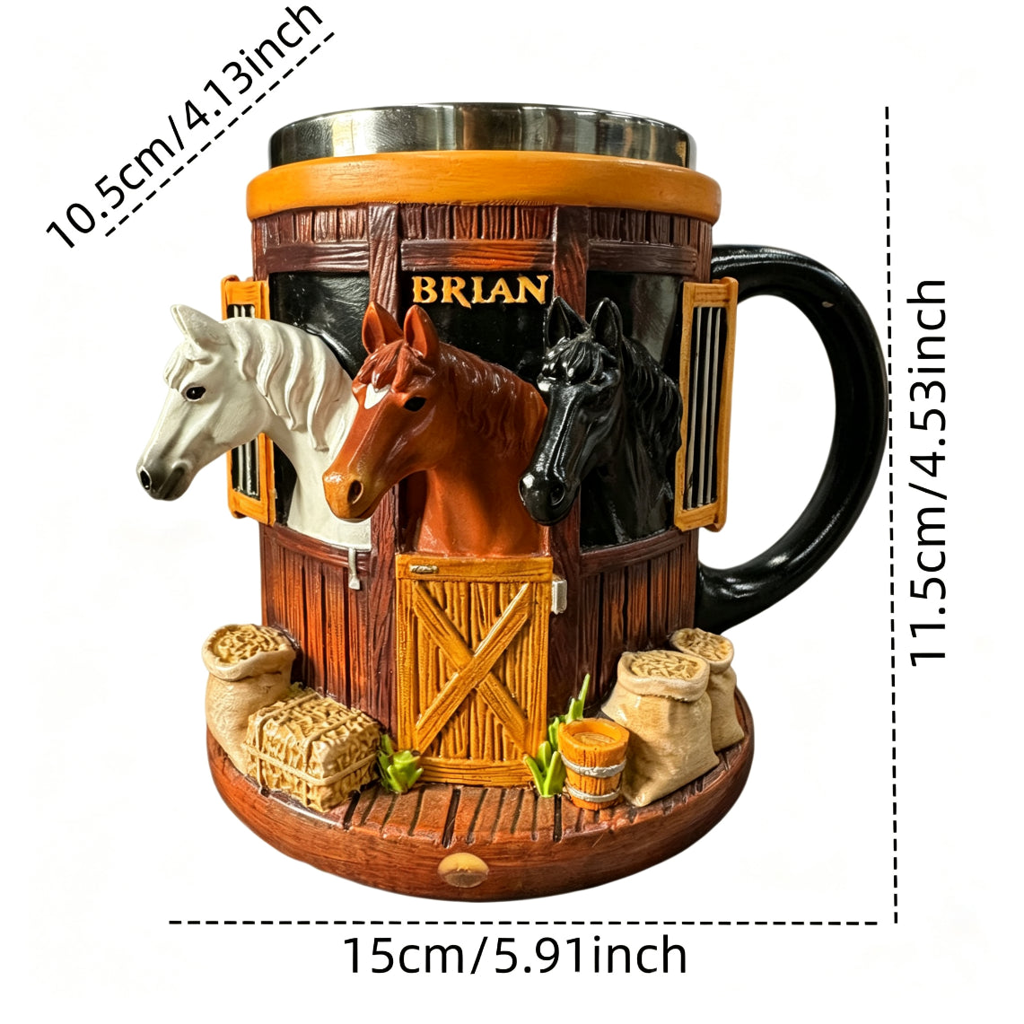 🐎🥃3D hrnček na kávu s motívom farmy a konskej stajne, hrnček z nehrdzavejúcej ocele s trojrozmerným reliéfom, ideálny darček pre milovníkov koní.