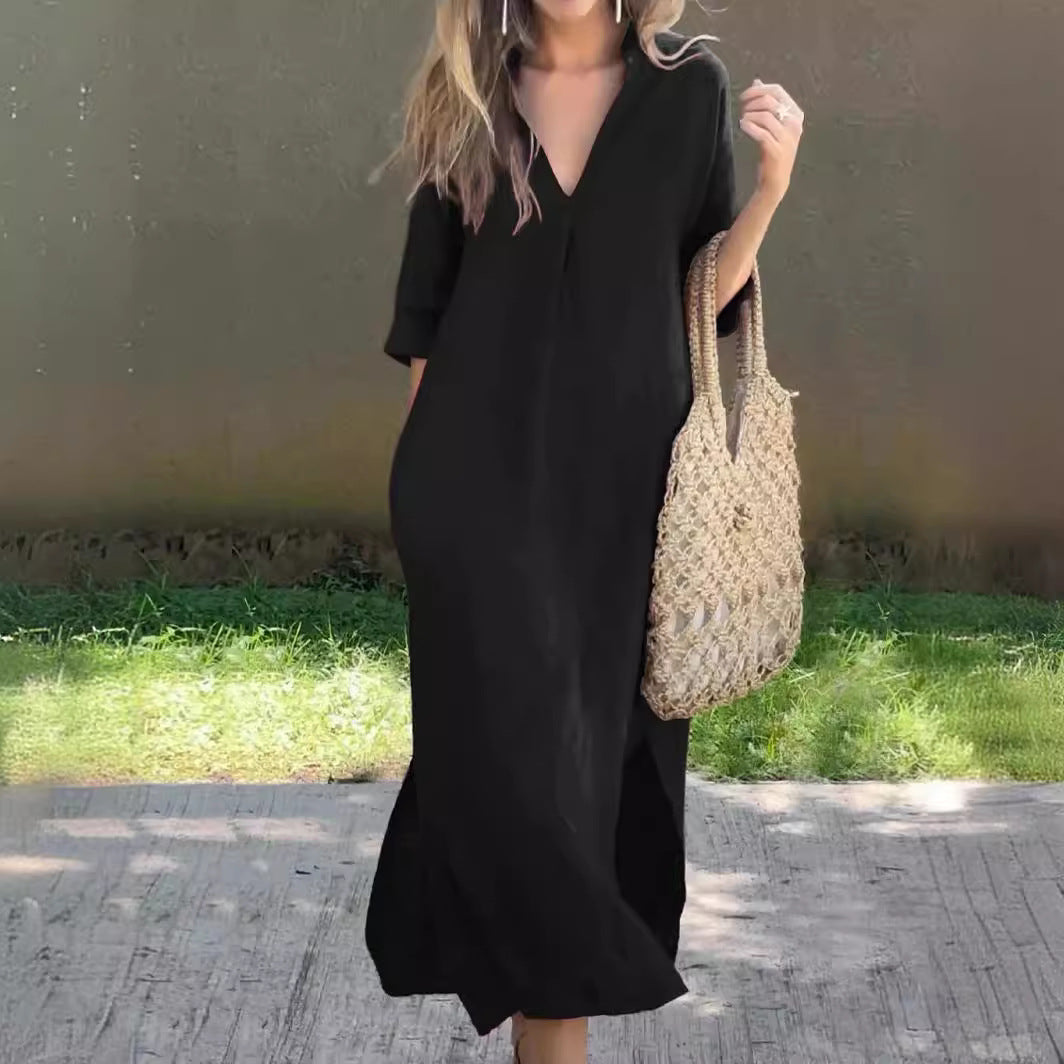🌿💃【50 % zľava 🔥】【S–3XL】Letné ľanové maxi šaty s výstrihom do V a rozparkami – pohodlné a ľahké na leto
