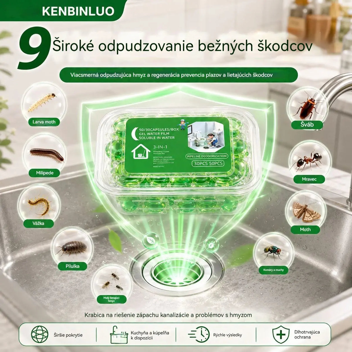 2 balenia (100 tabliet) 👍Vo vode rozpustné kapsuly na elimináciu zápachu z odtokov – dokonalé riešenie na zamedzenie šírenia zápachu v kúpeľniach a kuchyniach.