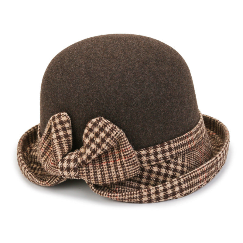 👒💃【¡Compra 1 y llévate otro gratis!】Gorro de lana ondulado para mujer, ideal para otoño e invierno, con lazo a cuadros.