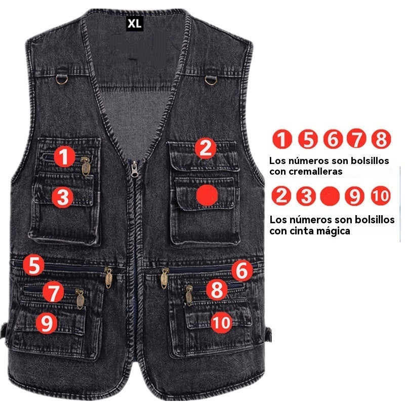 🔥【Oferta por tiempo limitado】【XL-7XL】2025 Chaleco vaquero multibolsillos para hombr