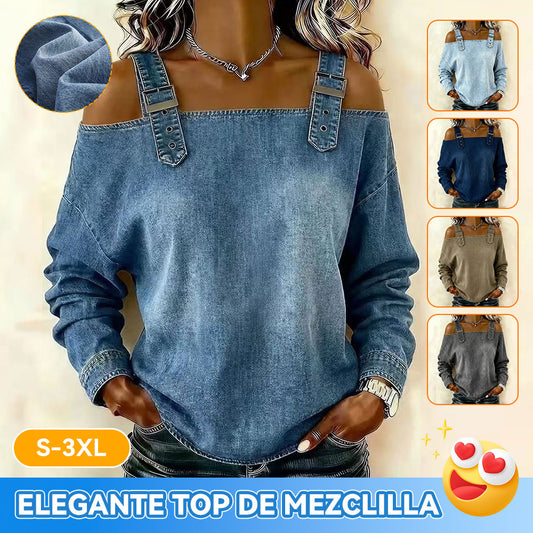 👘🔥【40-100kg】Dámska džínsová košeľa s otvorenými ramenami a dlhými rukávmi - Elegantný a štýlový, všestranný dizajn