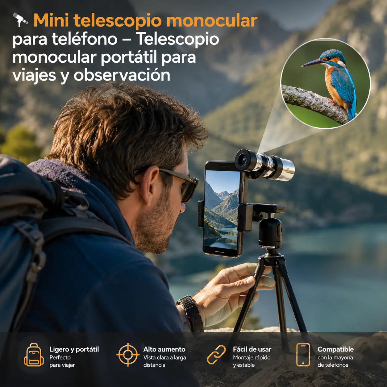 Mini telescopio monocular para teléfono – Telescopio monocular portátil para viajes y observación