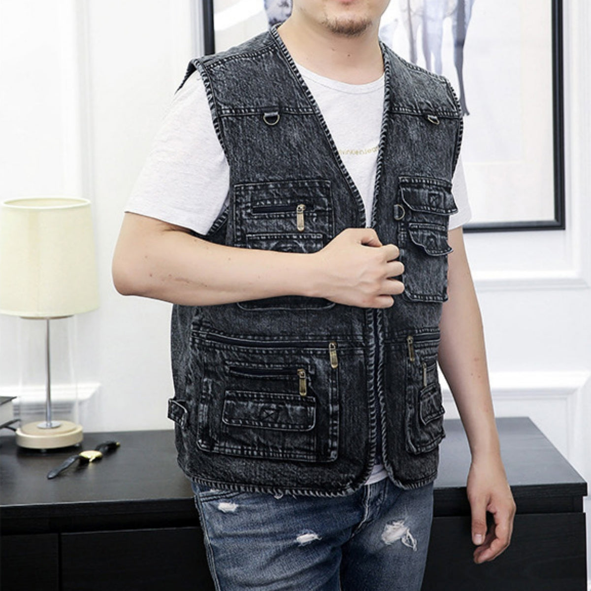 🔥 Нова колекция с 50% отстъпка ，Мъжки многоджобен открит дънков елек XL-7XL, издръжлив, дишащ и удобен за съхранение