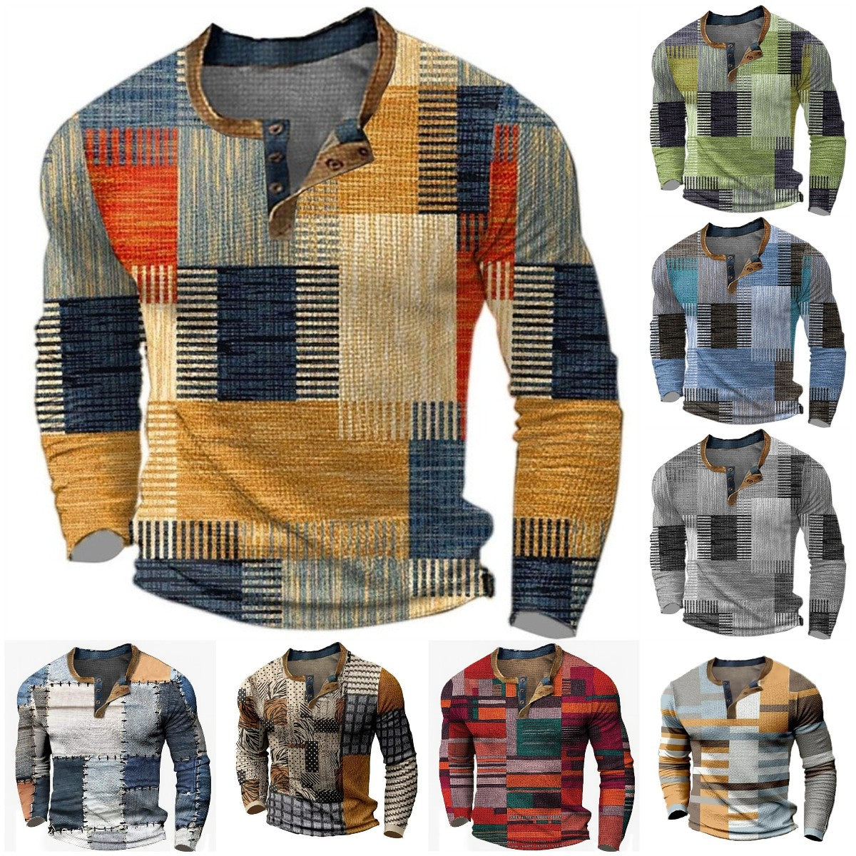 🌴🌈【50% de descuento🔥】【S-4XL】👔😍 Nueva colección de camisas para hombre con estampado, de manga larga, estilo relajado Henry, disponibles en varios colores.
